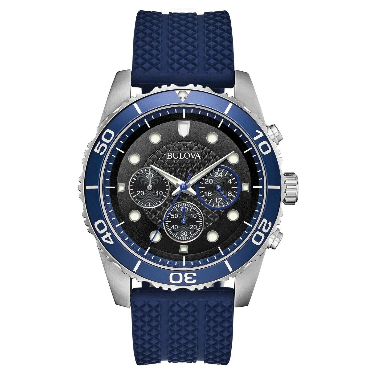 Đồng hồ Nam Bulova Sport Men's Quartz Chronograph Black Dial Blue Band 43mm Watch 98A190