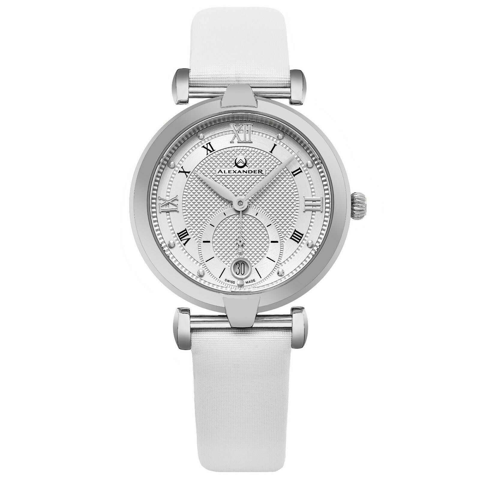 Đồng hồ Nữ Alexander Swiss Made Ladies Watch Stainless Steel White Satin Strap Silver Dial