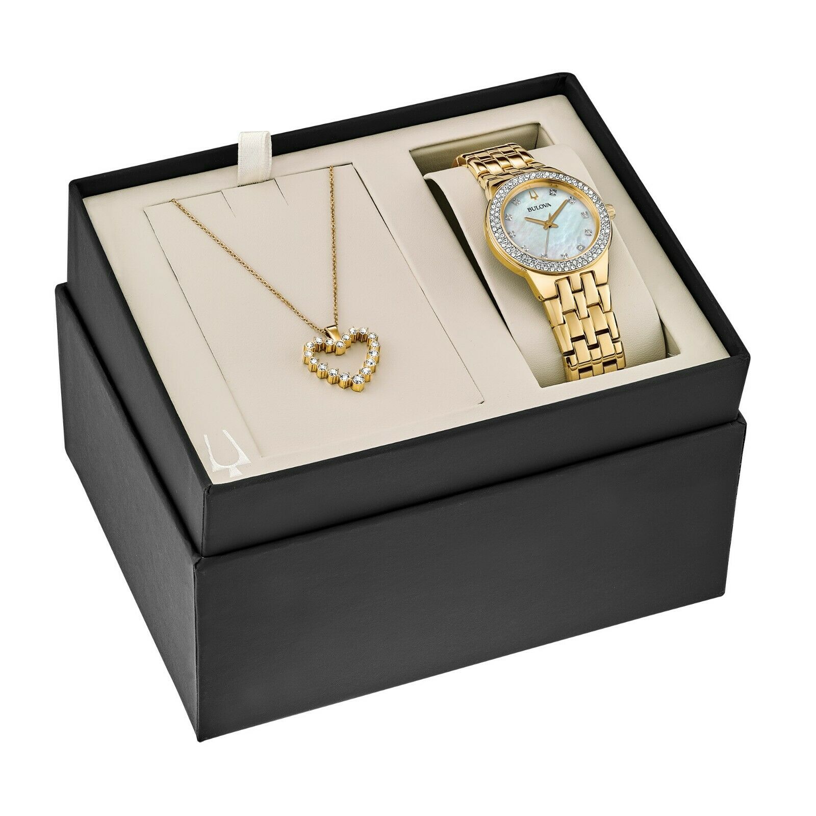Set Đồng hồ Nữ Bulova Women's Quartz Crystals 33mm Watch Gold Tone Pendant Box Set 98X116